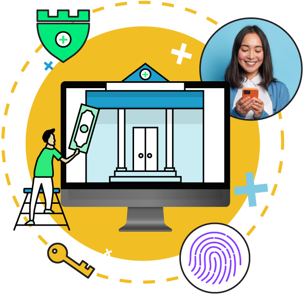 Portfolio plus Cloud Security image yellow with woman smiling
