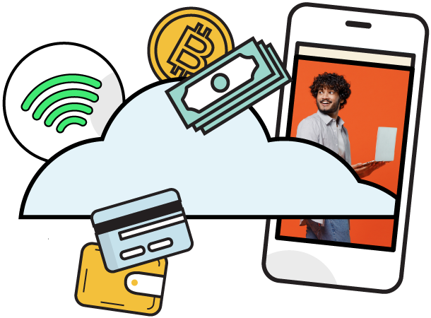 Portfolio Plus Cloud Migration image with man on phone screen smiling
