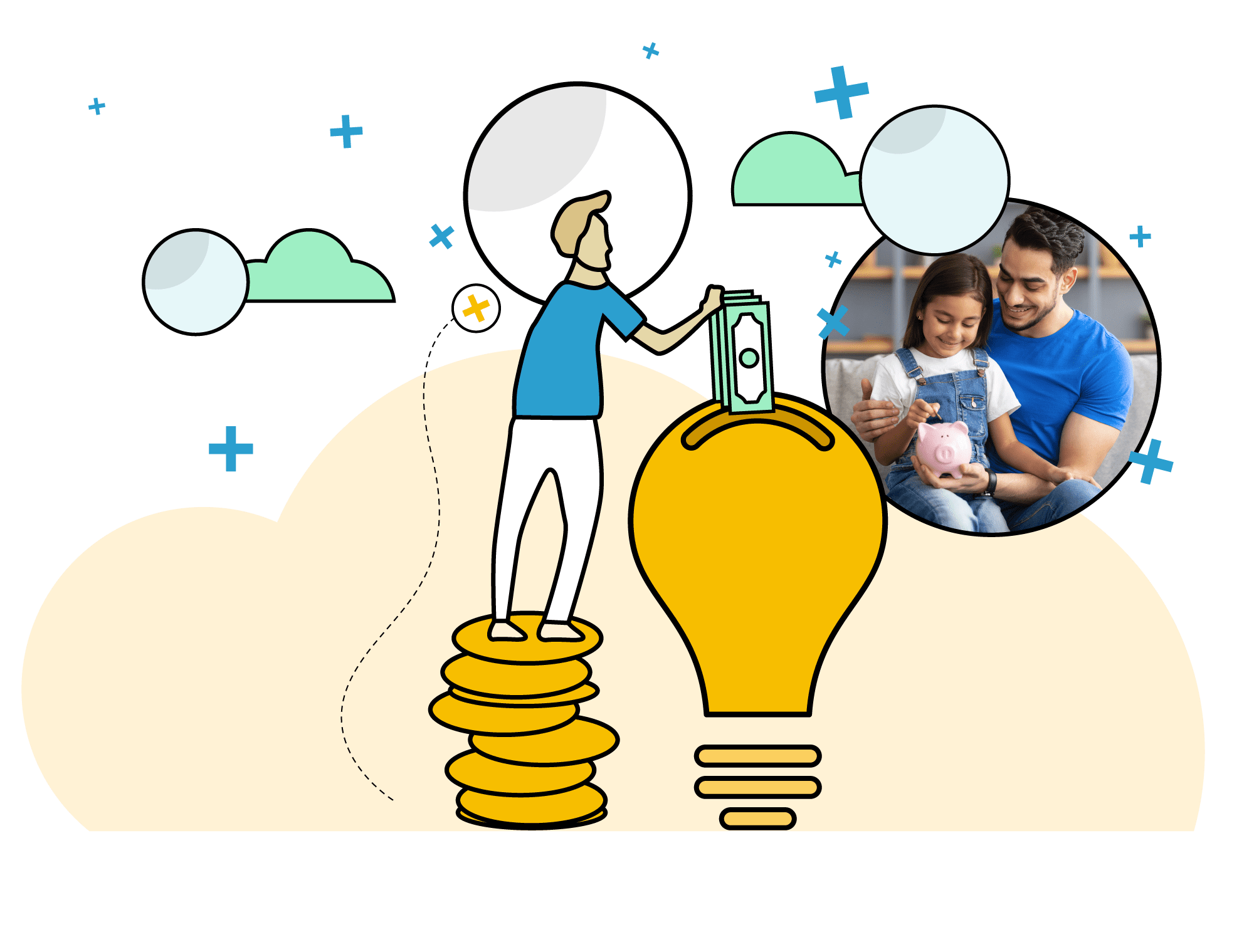 Porfolio Plus core banking Investment Management Image with Man and child saving smiling
