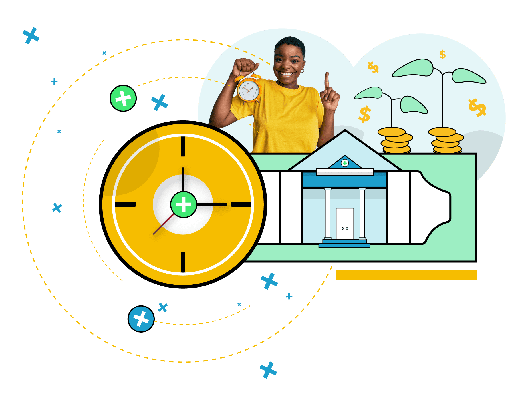 Portfolio Plus Core Banking Term-Deposit image with clock and woman smiling