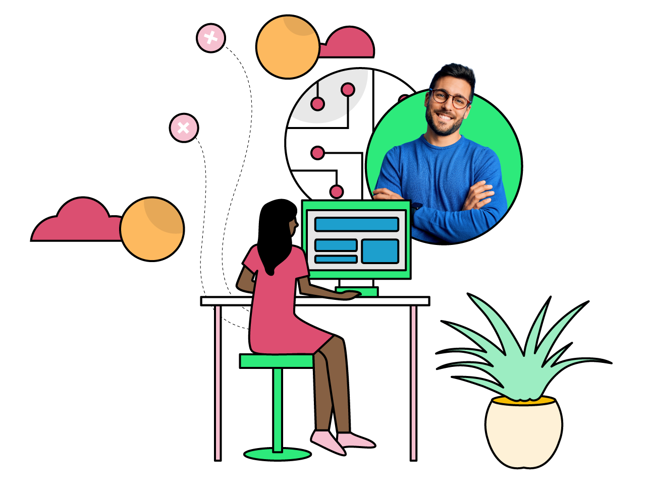 Portfolio+ Open Banking Partner Ecosystem image with woman working on desktop and man smiling
